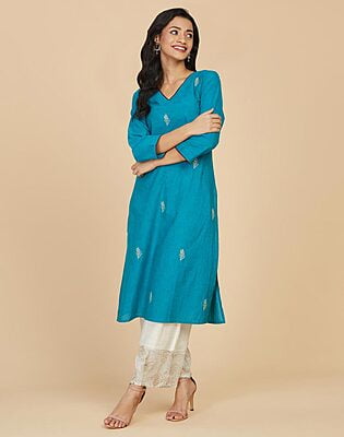 Blue and Red Cotton Kurta